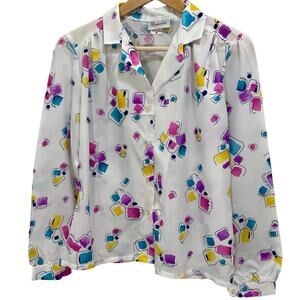 Vintage 80s Collared Button-Up Blouse Rhapsody Women's Colorful Abstract Medium